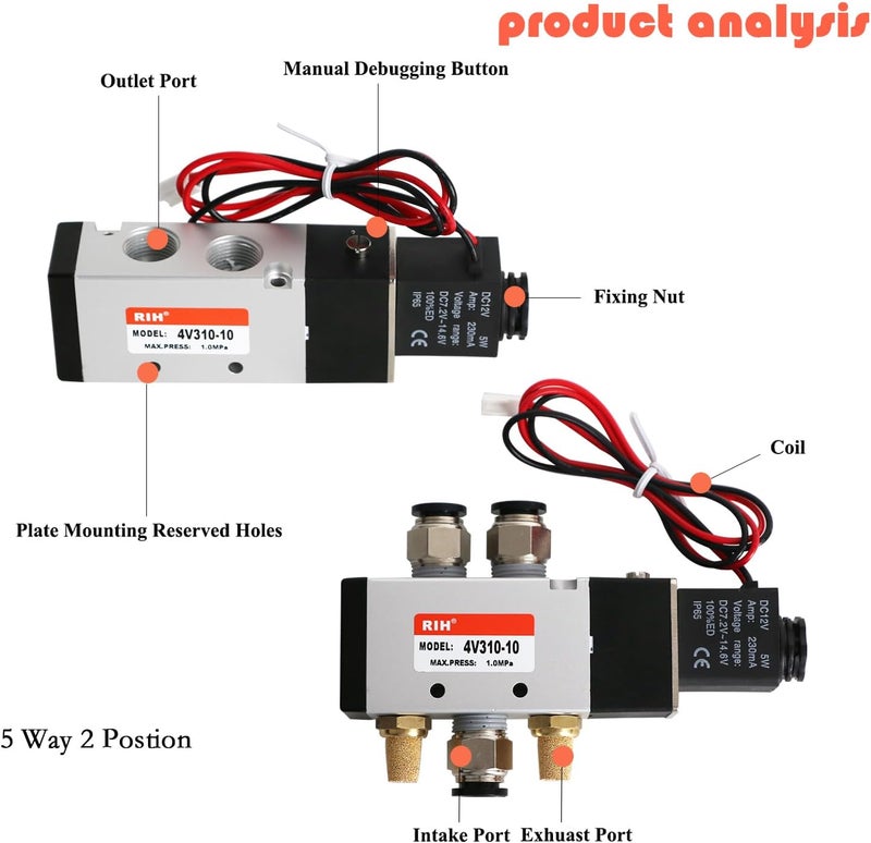 RH Pneumatics Solenoid Valve 4V310-10 12V/24V/110V Series Single Coil Pilot-Operated Electric 2 Position 5 Way Connection Type (DC12V/Out of line, 3/8"NPT) - Image 3